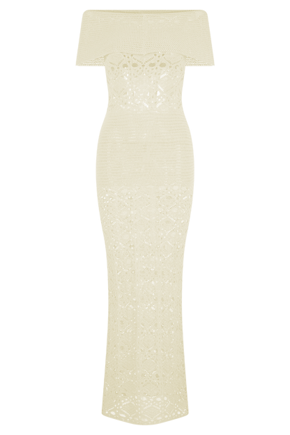 Solstice Off Shoulder Crochet Knit Maxi Dress - Ivory