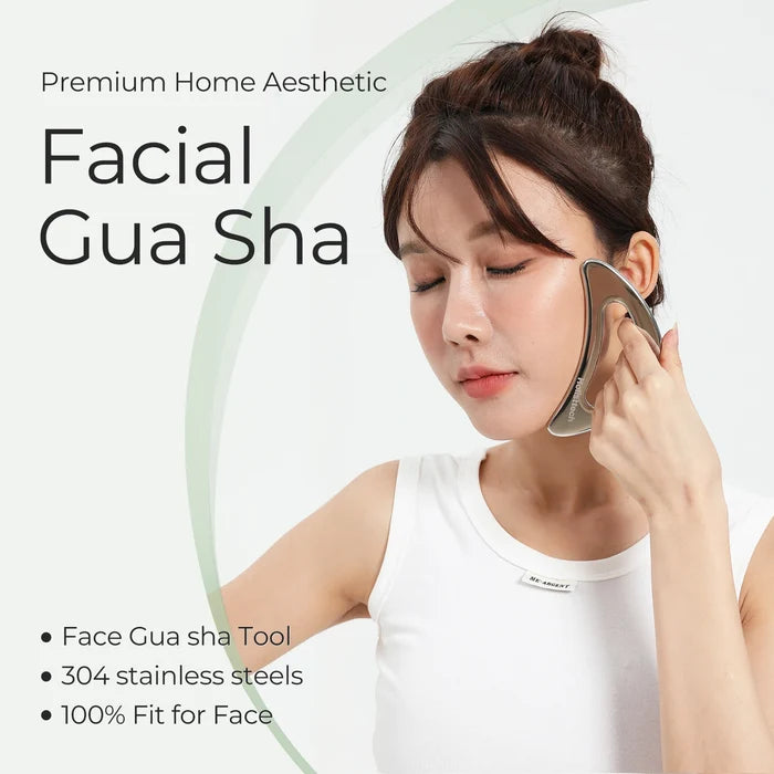 Woman Using Stainless Steel Gua Sha Facial Scraping Tool – Premium Home Aesthetic Face Massage