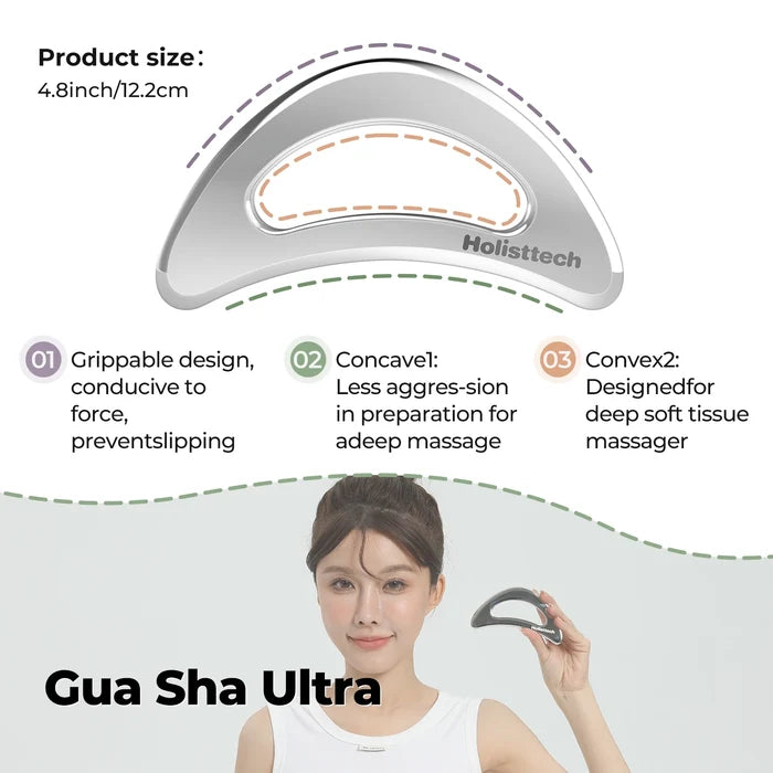 Holisttech Gua Sha Ultra tool with product details and a woman using it.