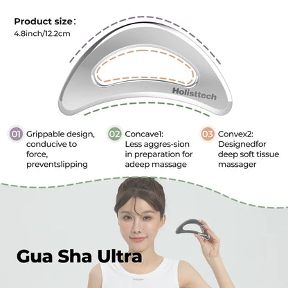 Holisttech Gua Sha Ultra tool with product details and a woman using it.