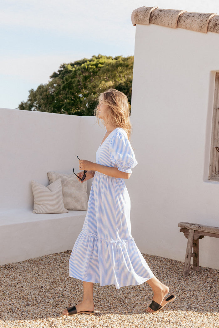 Petal and Pup USA DRESSES Steele Puff Sleeve Midi Dress - Blue Stripe