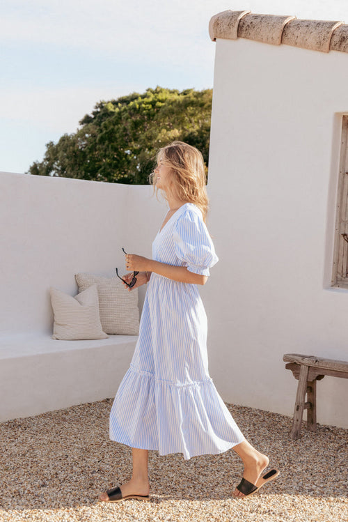 Petal and Pup USA DRESSES Steele Puff Sleeve Midi Dress - Blue Stripe