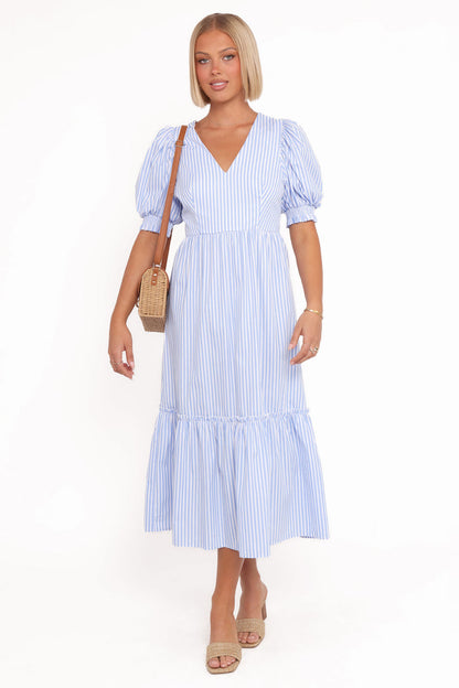 Petal and Pup USA DRESSES Steele Puff Sleeve Midi Dress - Blue Stripe