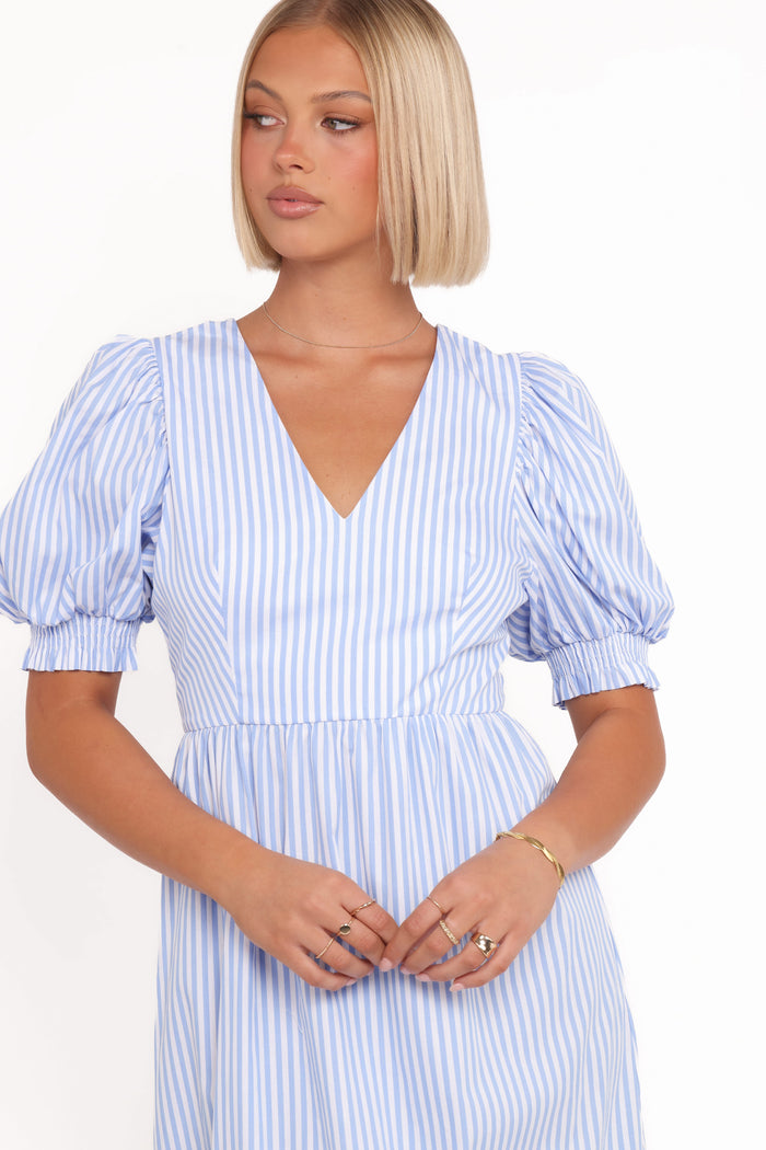 Petal and Pup USA DRESSES Steele Puff Sleeve Midi Dress - Blue Stripe