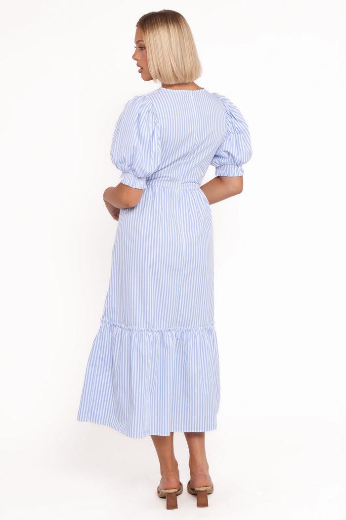Petal and Pup USA DRESSES Steele Puff Sleeve Midi Dress - Blue Stripe