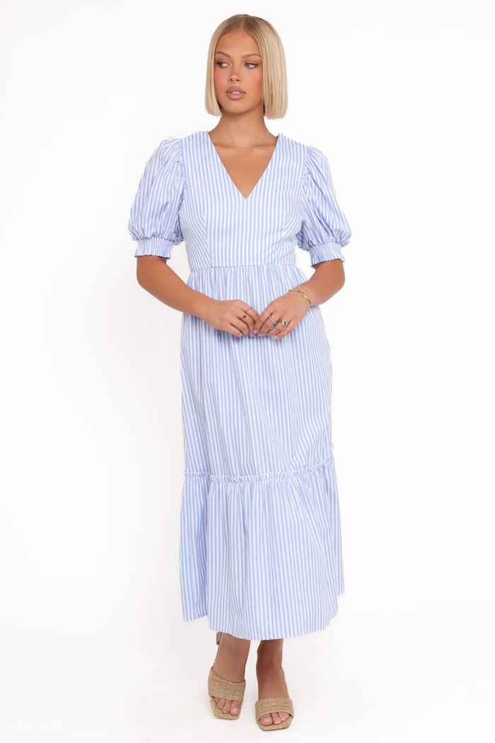 Petal and Pup USA DRESSES Steele Puff Sleeve Midi Dress - Blue Stripe