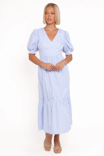 Petal and Pup USA DRESSES Steele Puff Sleeve Midi Dress - Blue Stripe