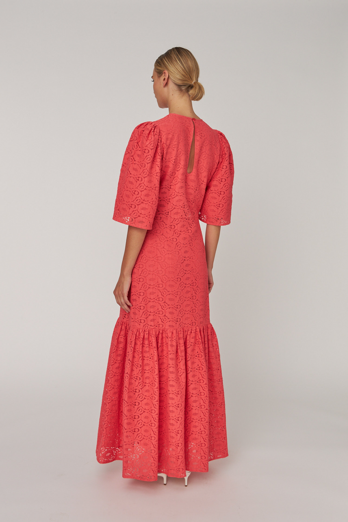 Rear view of Stella Nova Cotton Lace Maxi Dress CL61-4417 in coral with puff sleeves by Stella Nova shop at Dotique