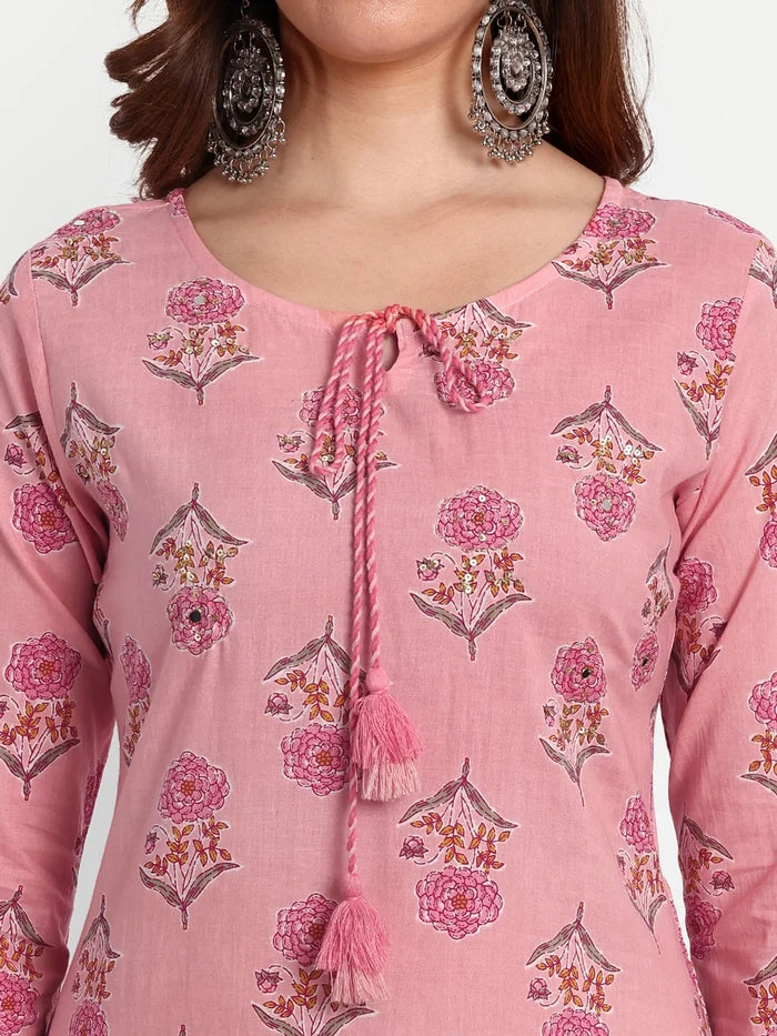 Stylish Printed Kurta Set in Pink Cotton
