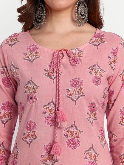 Stylish Printed Kurta Set in Pink Cotton