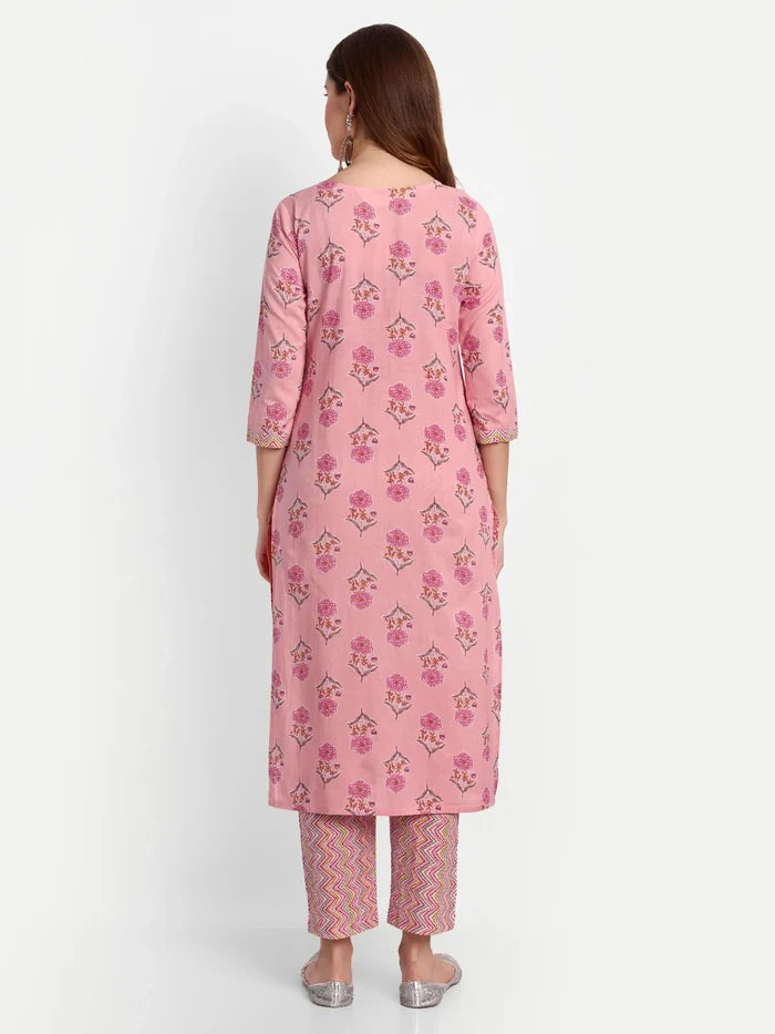 Stylish Printed Kurta Set in Pink Cotton