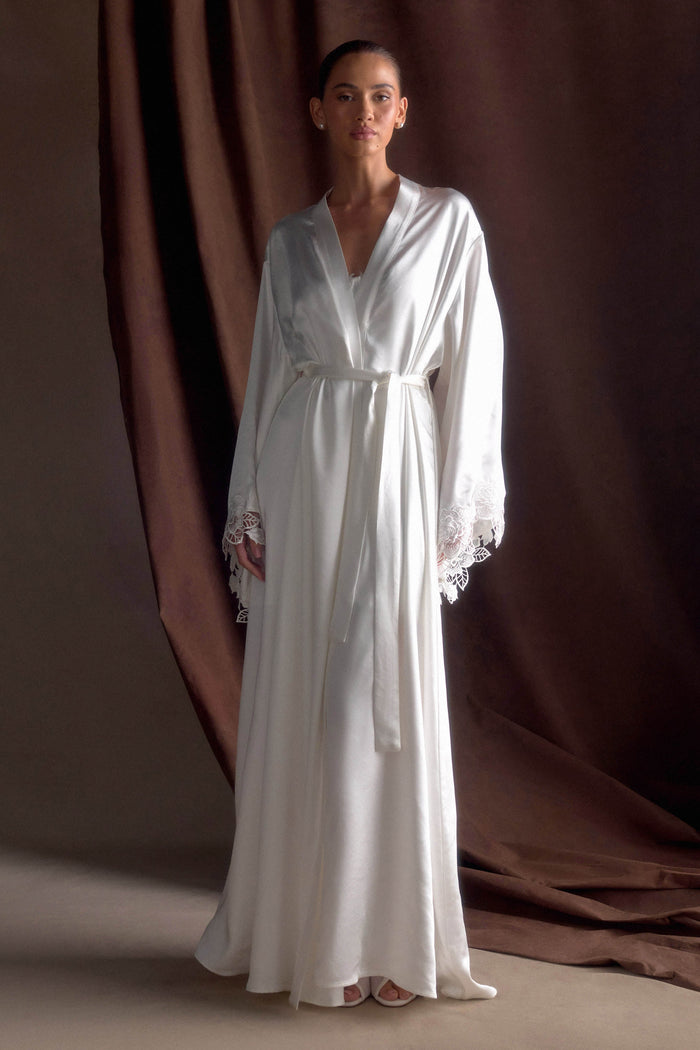 Sullivan Satin Bridal Robe With Lace - Ivory