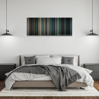 Super 8 color palette canvas above a bed, between two black pendant lamps
