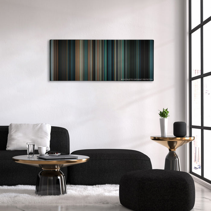 Super 8 color palette canvas above a black sofa with a gold-topped table