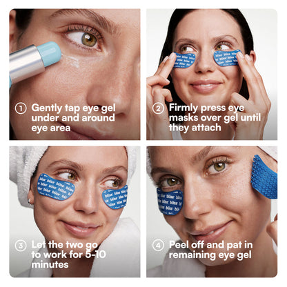 Four-panel instructional collage showing how to apply blue eye gel masks and eye gel. Text overlays read: 1 Gently tap eye gel under and around eye area, 2 Firmly press eye masks over gel until they attach, 3 Let the two go to work for 5-10 minutes, 4 Peel off and pat in remaining eye gel.