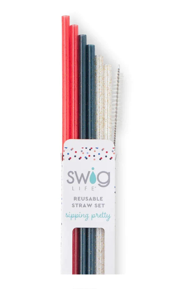 Swig: Red, White & Blue Glitter Reusable Straw Set - B Social Boutique