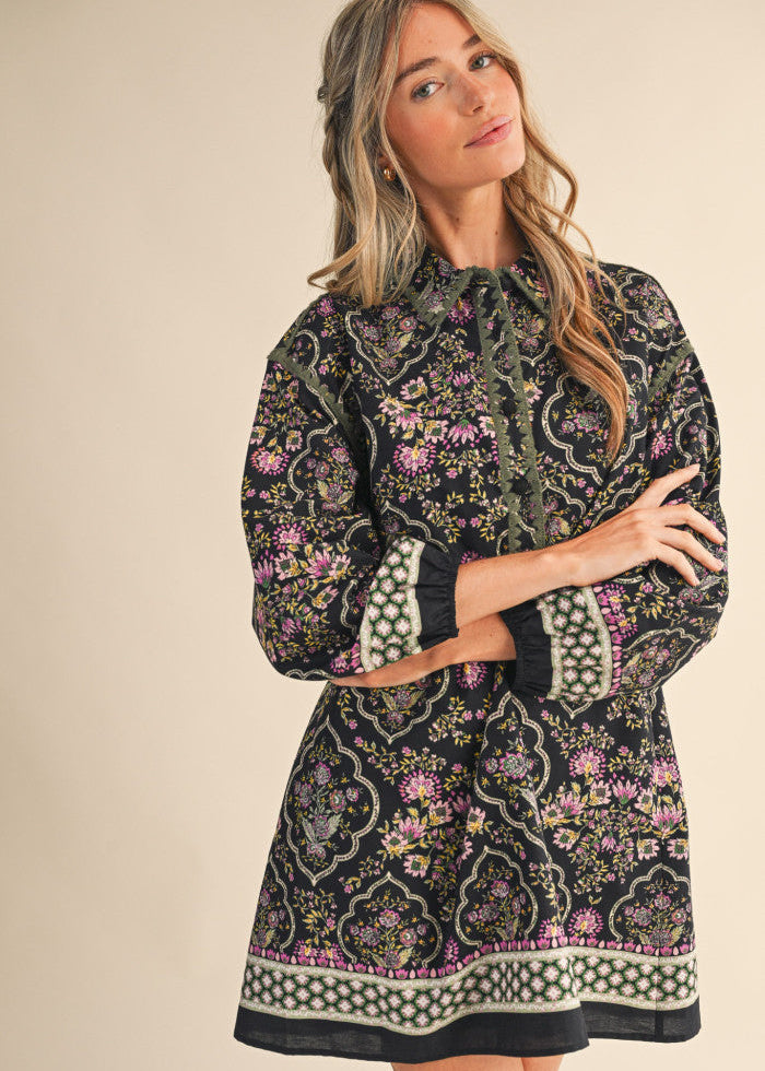 en merci black floral stitch long sleeve mini dress