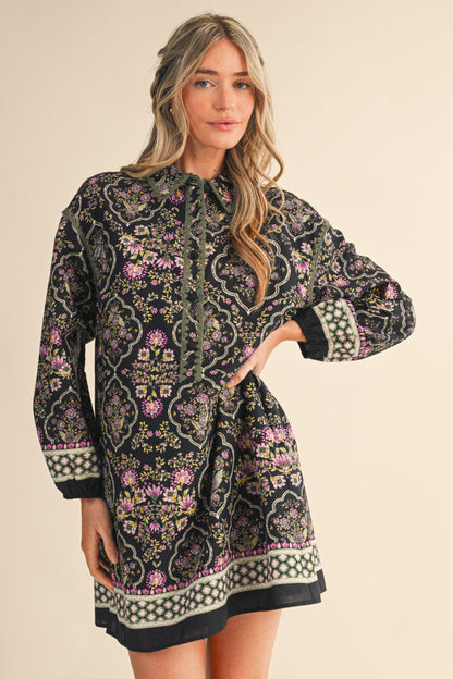 Taking My Time Floral Print Blanket Stitch Mini Dress - Black