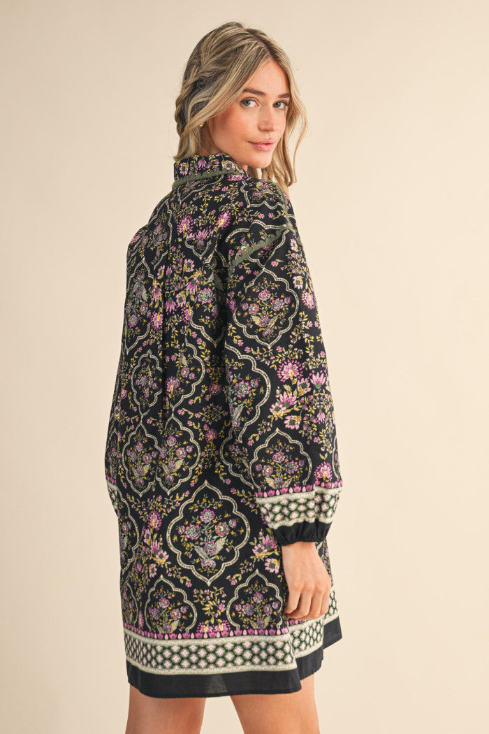 Taking My Time Floral Print Blanket Stitch Mini Dress - Black