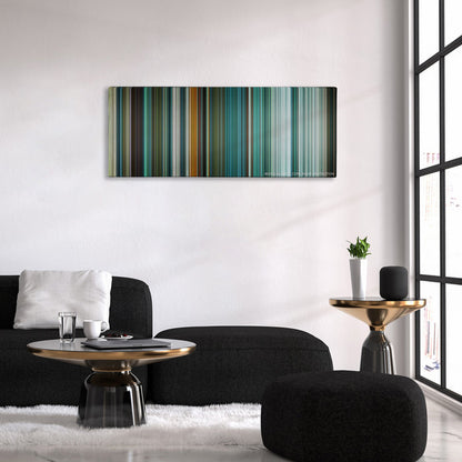 Teenage Mutant Ninja Turtles color palette canvas above a black sofa with a gold-topped table