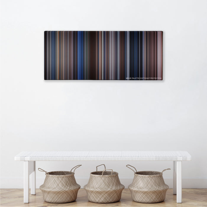 The Bodyguard color palette canvas above a white bench with three woven baskets