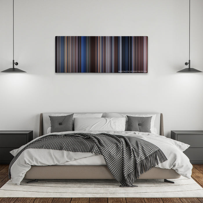 The Bodyguard color palette canvas above a bed, between two black pendant lamps