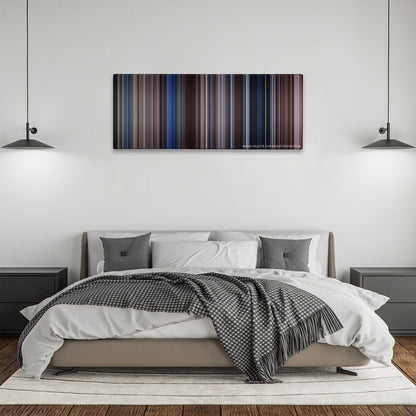 The Bodyguard color palette canvas above a bed, between two black pendant lamps