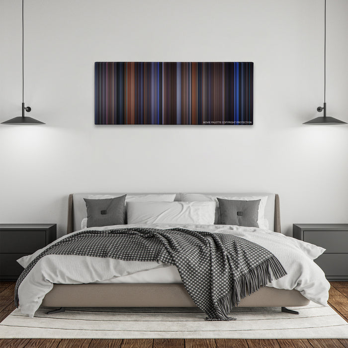 The Cable Guy color palette canvas above a bed, between two black pendant lamps