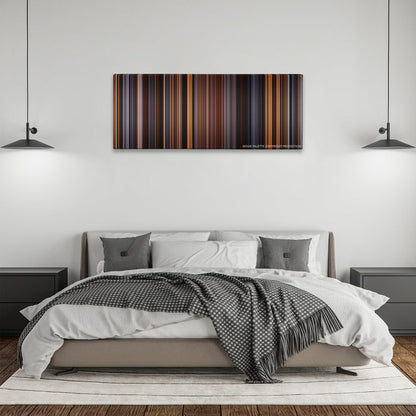The English Patient color palette canvas above a bed, between two black pendant lamps
