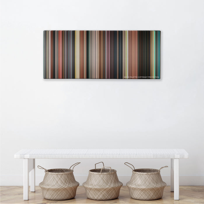 The Great Gatsby color palette canvas above a white bench with three woven baskets