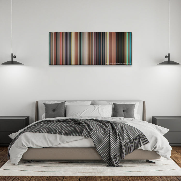 The Great Gatsby color palette canvas above a bed, between two black pendant lamps