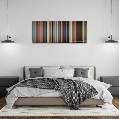 The Great Gatsby color palette canvas above a bed, between two black pendant lamps