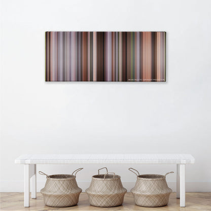 The Intern color palette canvas above a white bench with three woven baskets