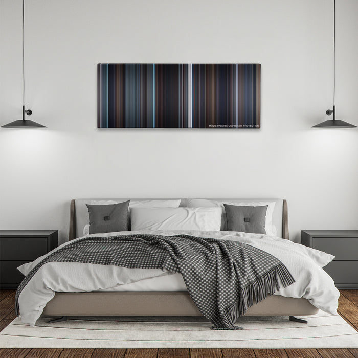 The King's Speech color palette canvas above a bed, between two black pendant lamps