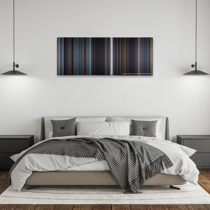 The King's Speech color palette canvas above a bed, between two black pendant lamps