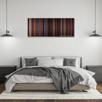 The Lost Boys color palette canvas above a bed, between two black pendant lamps