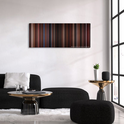 The Lost Boys color palette canvas above a black sofa with a gold-topped table