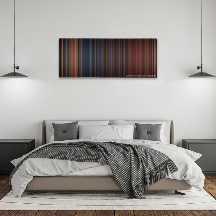 The Polar Express color palette canvas above a bed, between two black pendant lamps