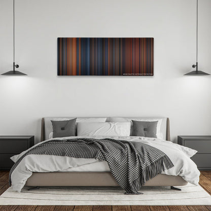 The Polar Express color palette canvas above a bed, between two black pendant lamps