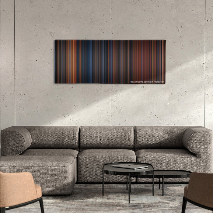 The Polar Express color palette canvas on a concrete wall above a gray sectional sofa