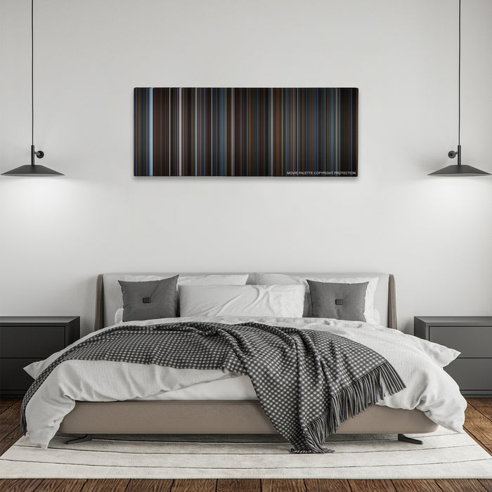 The Prestige color palette canvas above a bed, between two black pendant lamps
