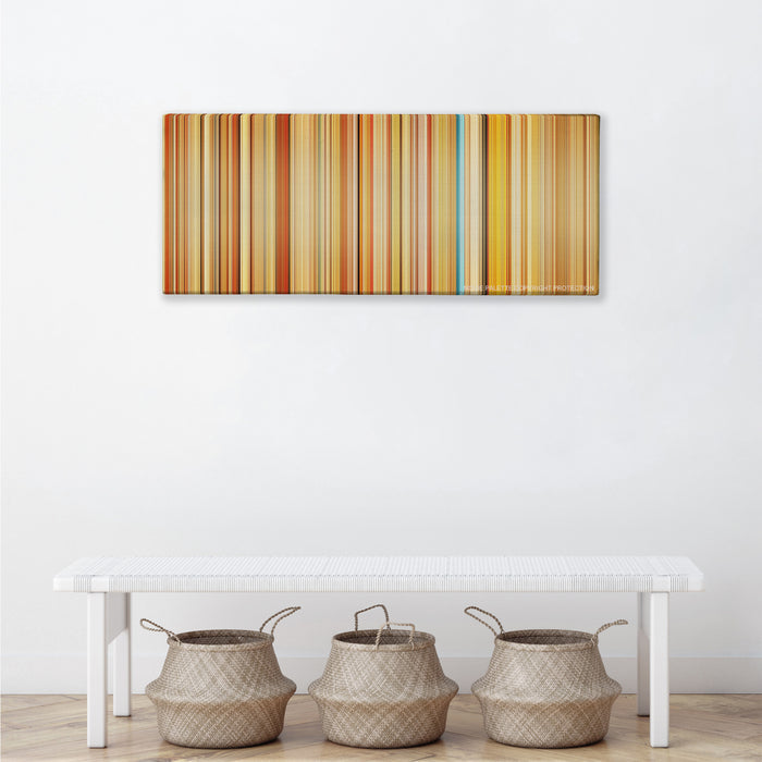 The Royal Tenenbaums color palette canvas above a white bench with three woven baskets