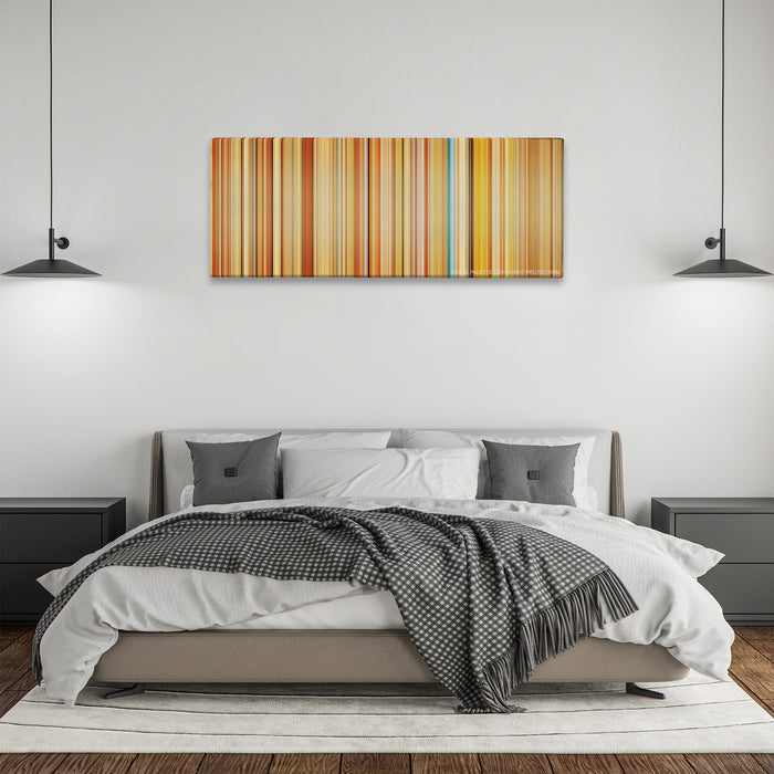 The Royal Tenenbaums color palette canvas above a bed, between two black pendant lamps
