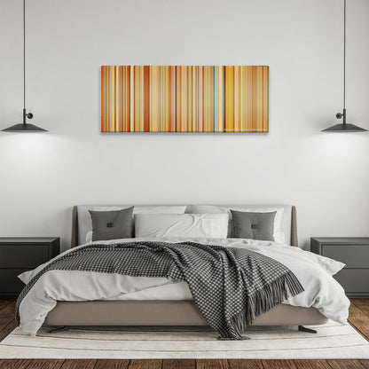 The Royal Tenenbaums color palette canvas above a bed, between two black pendant lamps