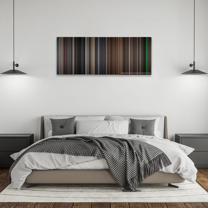 The Silence of the Lambs color palette canvas above a bed, between two black pendant lamps