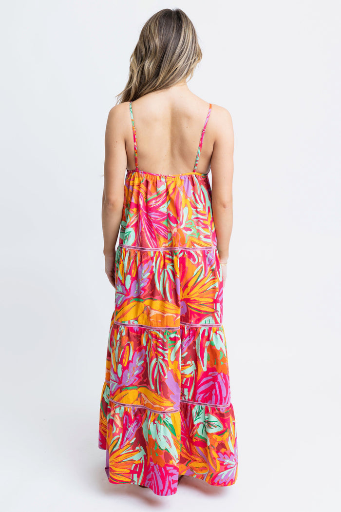 Tropical Blooms Halter Tier Maxi Dress