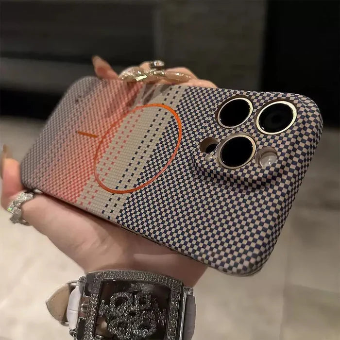 Patterned smartphone case with a circular magnetic charging ring.