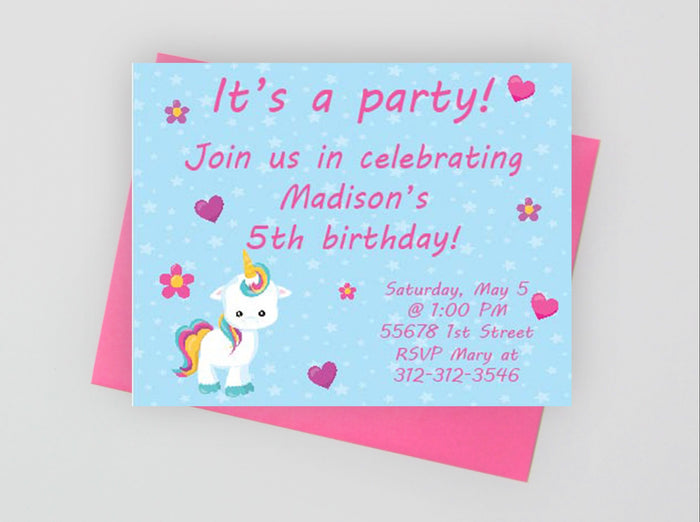 Unicorn theme birthday party invitations for girl's birthday.