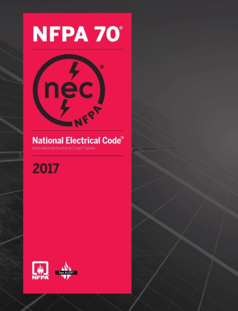 Cover of 2017 National Electrical Code NFPA 70 manual with red background and black NEC logo on dark gradient surface