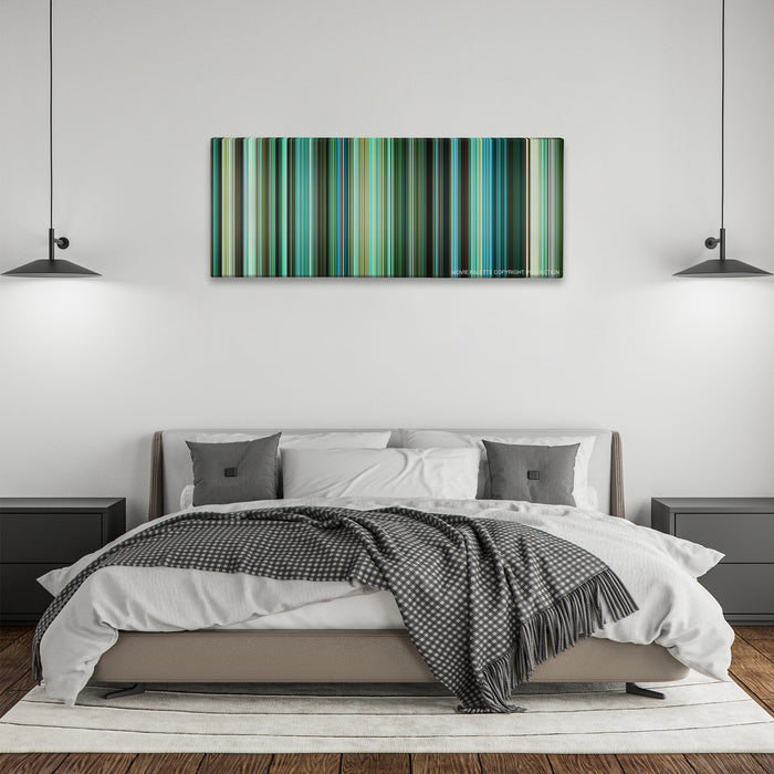 Venom color palette canvas above a bed, between two black pendant lamps